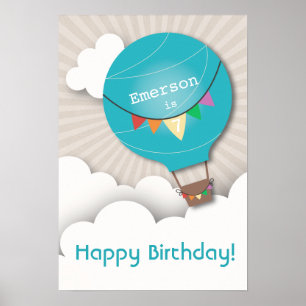 Blue Hot Air Ballon Birthday Poster