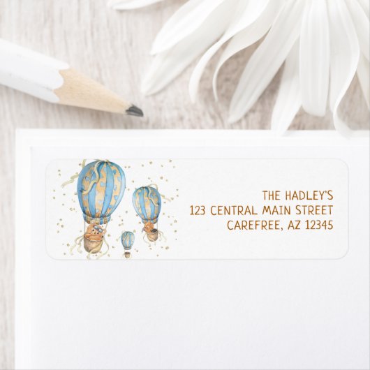 Blue Hot Air ballon Birthday Return Label (Insitu)