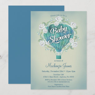 Blue Hot Air Ballon Boys Baby shower Invitation Kaart