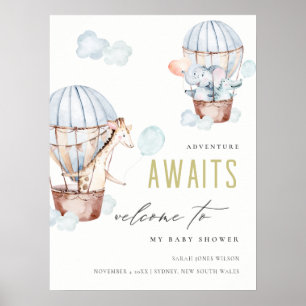 Blue Hot Air Ballon Safari Animals Baby shower Poster