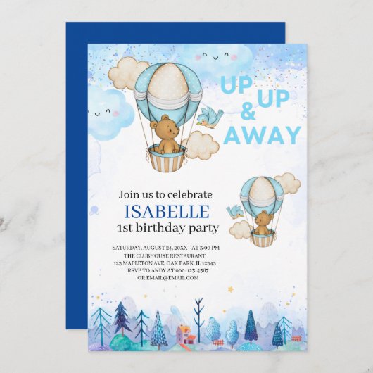 Blue Hot air ballonuitnodiging, eerste verjaardag Kaart (Voorkant / Achterkant)