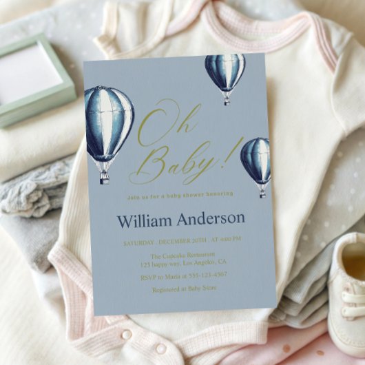 Blue Hot Air Balloon Baby Shower Invitation 