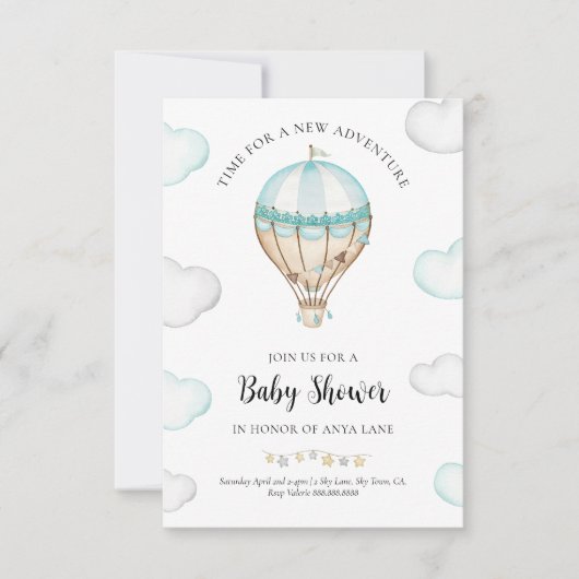 Blue Hot Air Balloon Baby shower Invitation Garçon (Devant)