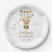 Blue Hot Air Balloon Boy 1e verjaardag Papieren Bordje (Voorkant)