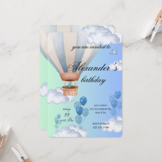 Blue Hot Air Balloon Boy Birthday Invitation  Kaart