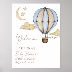 Blue Hot Air Balloon White Baby shower Welkom Poster