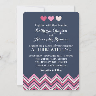 Blue Hot Pink Chevron Wedding Invitation Love Kaart