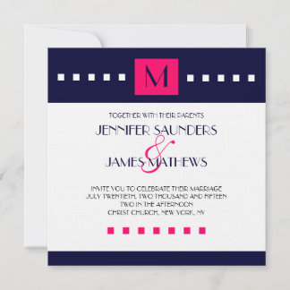Blue Hot Pink Monogram Moderne Weddenschap Kaart
