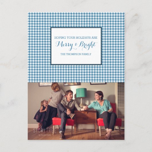 Blue Houndstooth Holiday Photo Briefkaart (Voorkant)