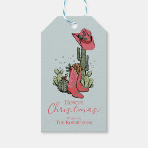 Blue Howdy Christmas Cowgirl laarzen en cactussen Cadeaulabel