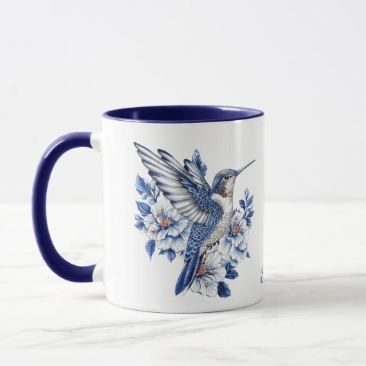 Blue Hummingbird Floral Monogram Mok (Links)