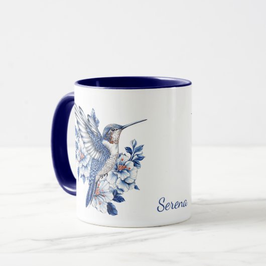 Blue Hummingbird Floral Monogram Mok (Voorkant links)