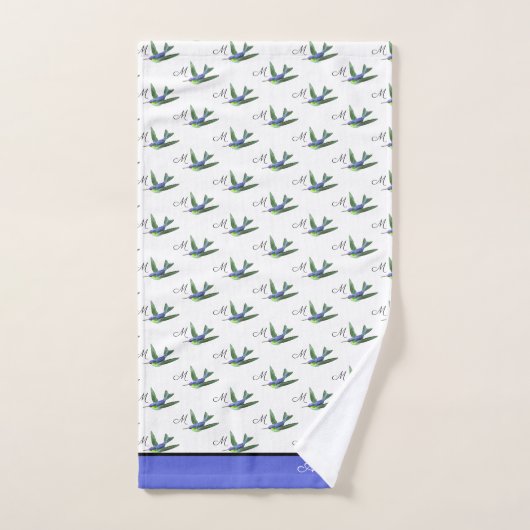 Blue Hummingbird Green waterverf Monogram initiaal Bad Handdoek (Handdoek)