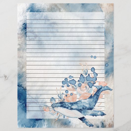 Blue Humpback Whale Lined Letter Writing Paper (Voorkant)