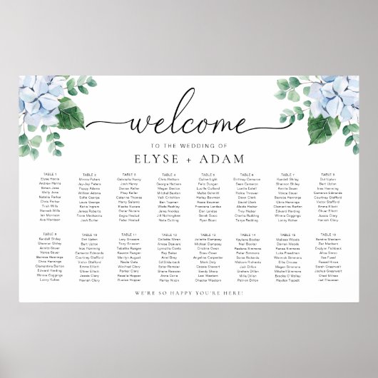 Blue Hydrangea 16 Table Seating Chart Poster (Voorkant)