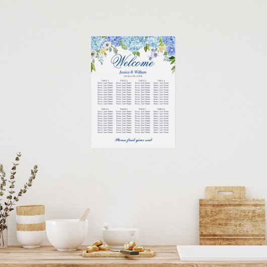 Blue Hydrangea 8 Tables Wedding SEATING CHART Poster (Keuken)