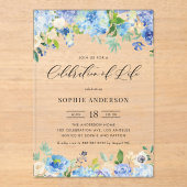 Blue Hydrangea and Ivory Rose Celebration of Life Acryl Uitnodigingen (Voorkant)