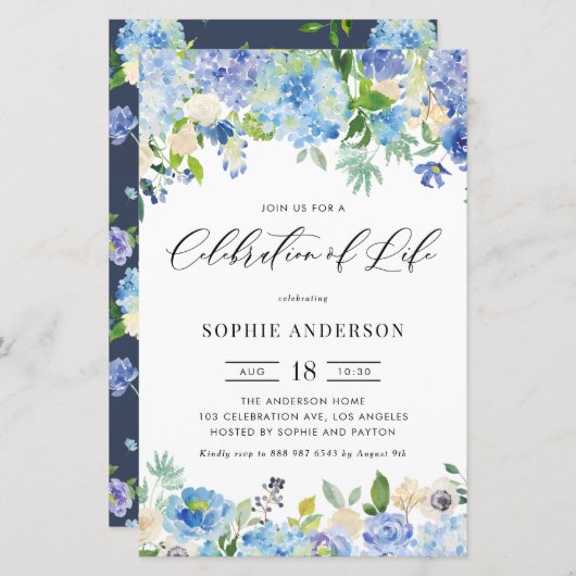 Blue Hydrangea and Rose Celebration of Life invite (Voorkant / Achterkant)