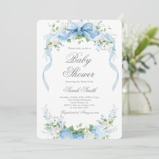 Blue Hydrangea Baby Shower Boy Invitation (Debout devant)