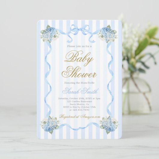 Blue Hydrangea Baby shower Invitation Kaart (Staand voorkant)