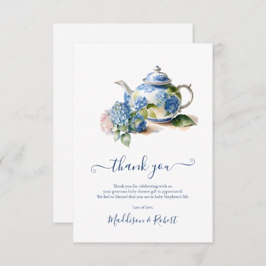Blue Hydrangea Baby shower Tea Party Bedankkaart (Voorkant / Achterkant)