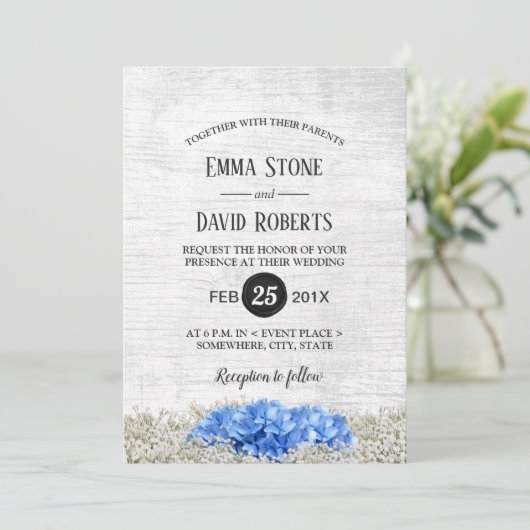 Blue Hydrangea Baby's Rustic Wedding Kaart (Staand voorkant)