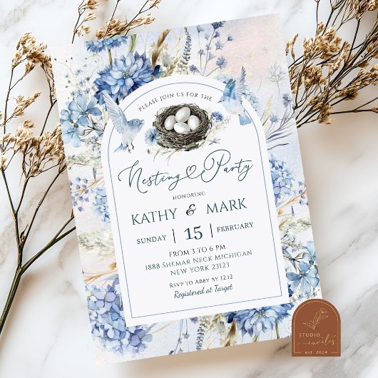 Blue Hydrangea Bird Nesting Party Kaart