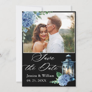 Blue Hydrangea Black Classic Lantern Photo Weddens Save The Date