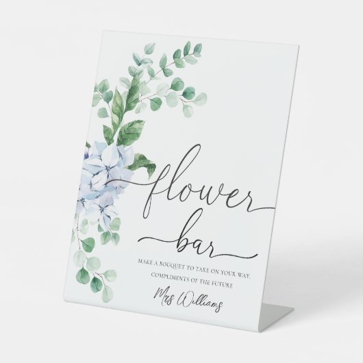 Blue Hydrangea Bloemen Bar Favor Reclamebord Met Voetstuk (Voorkant)