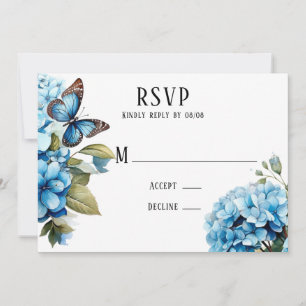 Blue Hydrangea Bloemen Vlinder Bruiloft RSVP Kaart