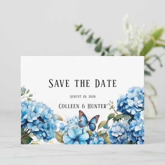 Blue Hydrangea Bloemenvlinder Save the Date Kaart (Staand voorkant)