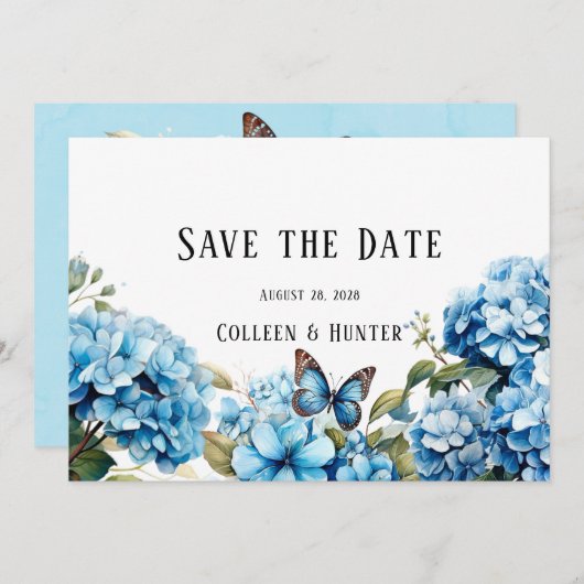 Blue Hydrangea Bloemenvlinder Save the Date Kaart (Voorkant / Achterkant)