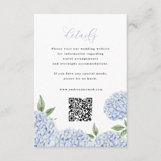 Blue Hydrangea Bloom Script Details QR Code Small Informatiekaartje (Voorkant)
