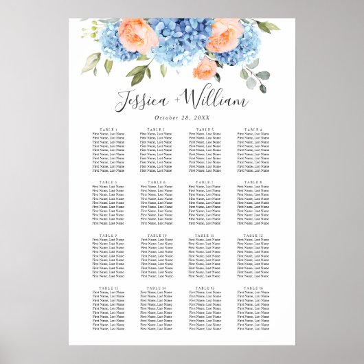 Blue Hydrangea Blush Roos 15 Tafels ZITSCHEMA Poster (Voorkant)