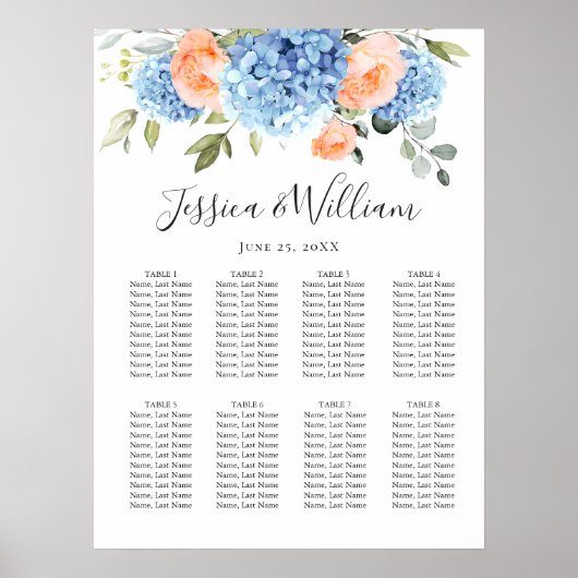 Blue Hydrangea Blush Roos 8 Tafels ZITSCHEMA Poster (Voorkant)