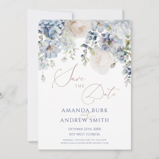 Blue Hydrangea & Blush Rozen Save the Date Kaart (Voorkant)