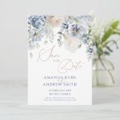 Blue Hydrangea & Blush Rozen Save the Date Kaart (Staand voorkant)