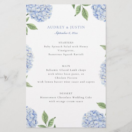 Blue Hydrangea Border Classic Trouwpapier Menu (Voorkant)