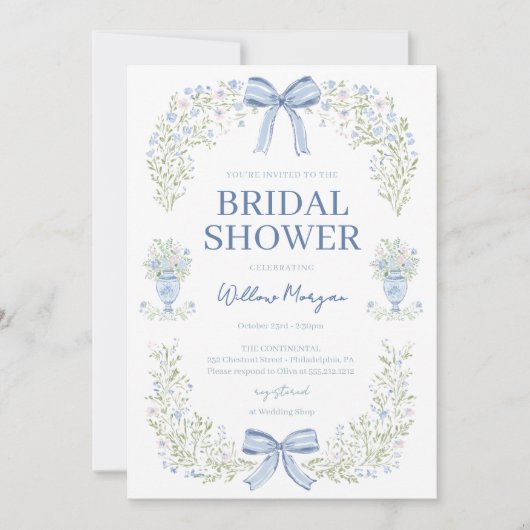 Blue Hydrangea Bow Bridal Shower Invitation (Devant)