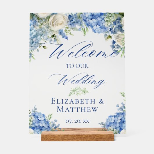 Blue Hydrangea Calligraphy Script Wedding Welkom Acryl Bord (Voorkant)