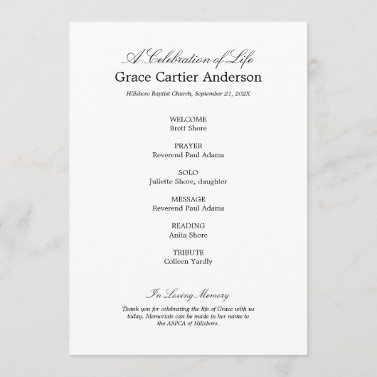 Blue Hydrangea Celebration of Life Programme (Dos)