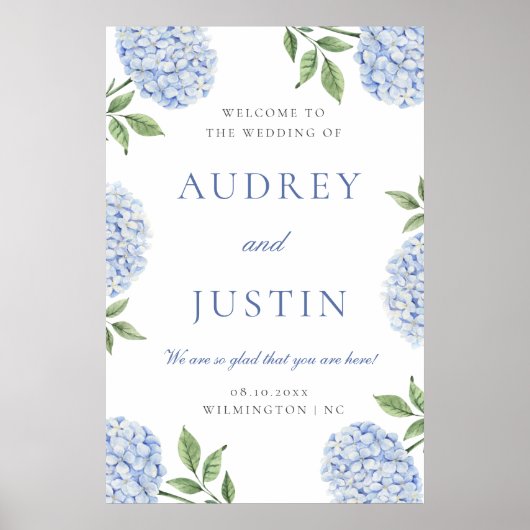Blue Hydrangea Classic Border, XL Wedding Welcome Poster (Voorkant)