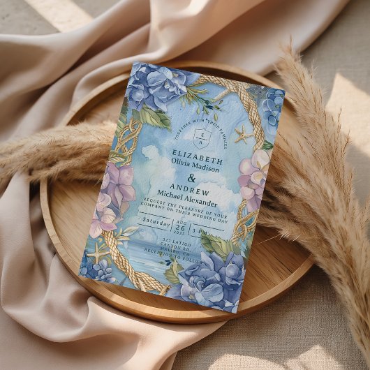 Blue Hydrangea Coastal Rope Wedding Kaart