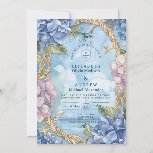Blue Hydrangea Coastal Rope Wedding Kaart (Voorkant)