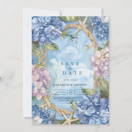 Blue Hydrangea Coastal Rope Wedding Save The Date (Voorkant)
