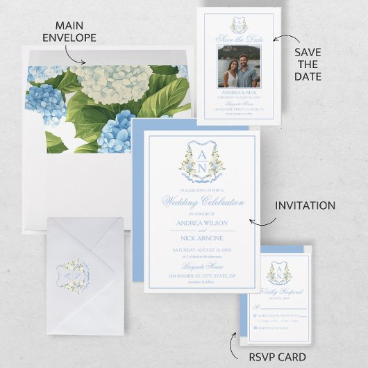 Blue Hydrangea Crest Monogram Details RSVP Kaartje