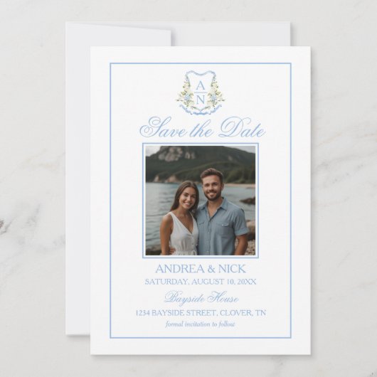 Blue Hydrangea Crest Monogram QR Code Save The Date (Voorkant)