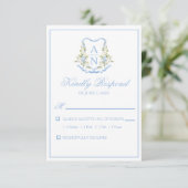 Blue Hydrangea Crest Monogram RSVP Cards (Debout devant)