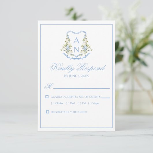 Blue Hydrangea Crest Monogram RSVP Cards (Debout devant)