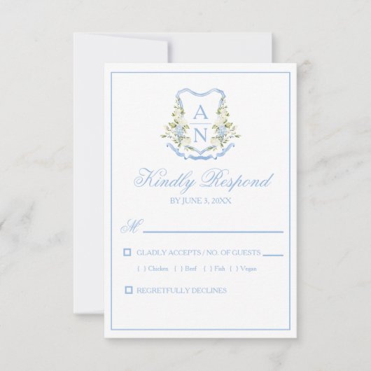 Blue Hydrangea Crest Monogram RSVP Cards Kaartje (Voorkant)